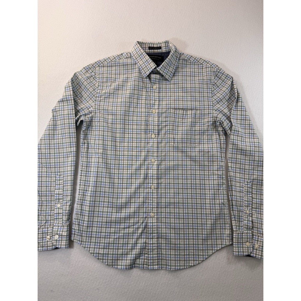 Banana Republic Untucked Fit Mens Button Up Shirt Green S Check Organic Cotton
